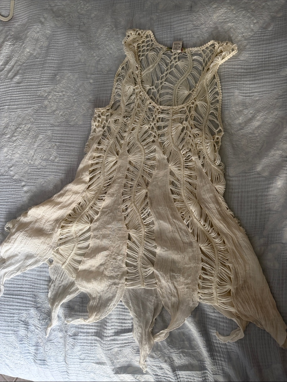 Crochet Boho Fringe Tank Dress in Cream